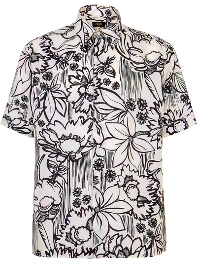 Fendi Floral-print Short-sleeve Shirt In White