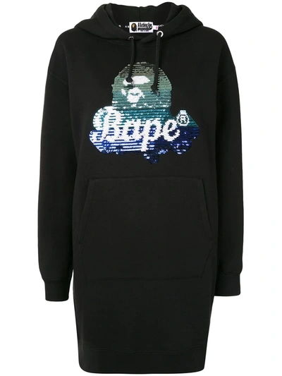 A Bathing Ape Sequin-logo Hooded Sweatshirt Dress In Black