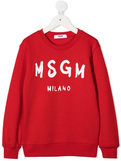 Msgm Kids' Paint Brushed Logo-print Cotton Sweatshirt In Red