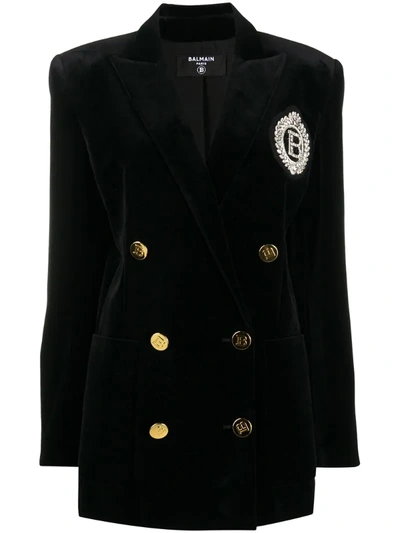 Balmain Logo-embroidered Double-breasted Blazer In Black