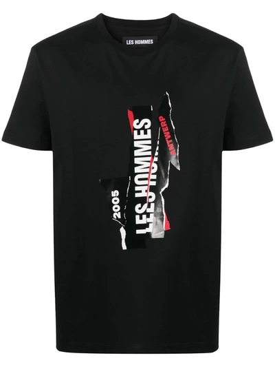 Les Hommes Ripped Logo Print T-shirt In Black