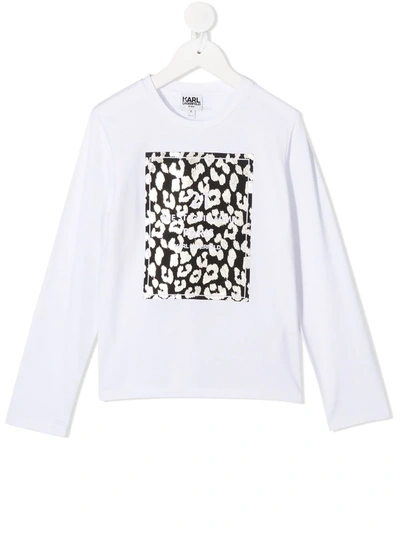 Karl Lagerfeld Kids' Logo Leopard Long-sleeve Top In White