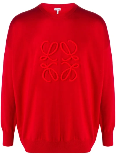 Loewe Logo Embroidery Knit Wool Blend Sweater In Red