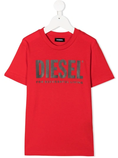 Diesel Kids' Logo-print Crew Neck T-shirt In Red