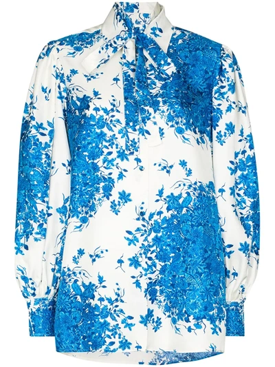 Valentino Pussy-bow Delft-print Silk-twill Blouse In White
