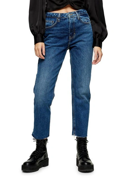 Topshop Boston Step Hem Straight Leg Jeans In Mid Denim