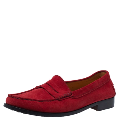Pre-owned Tod's Red Suede Leather Penny Slip On Loafers Size 41.5