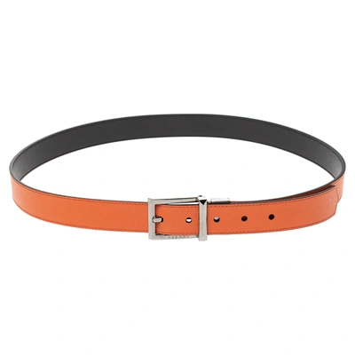 Pre-owned Burberry Orange/black Leather Reversible Buckle Belt 100cm