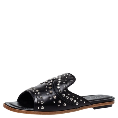 Pre-owned Tod's Black Leather Crystal And Stud Embellished Flat Slides Size 40