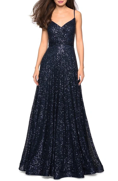 La Femme Sequin A-line Gown In Navy