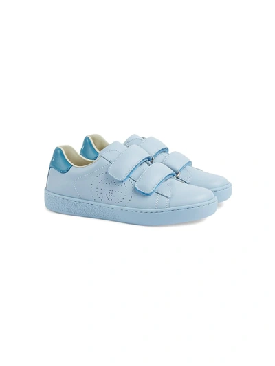 Gucci Kids' New Ace Leather Strap Sneakers In Light Blue
