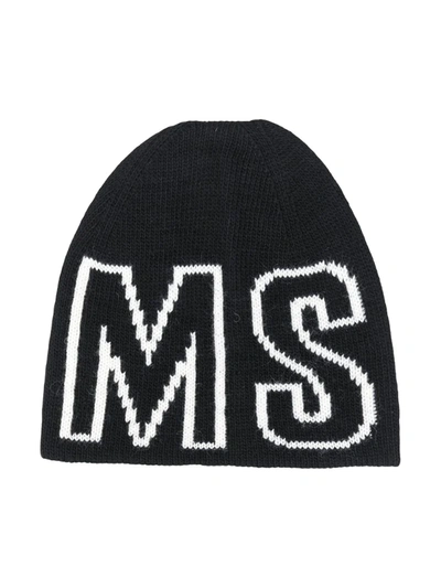 Msgm Teen Knitted Logo Beanie In Black