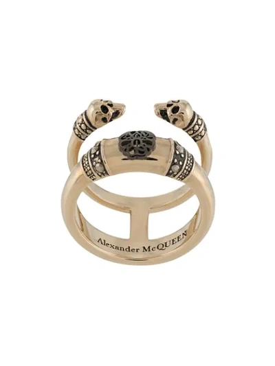 Alexander Mcqueen Skull And Charm Double-band Ring In Gold