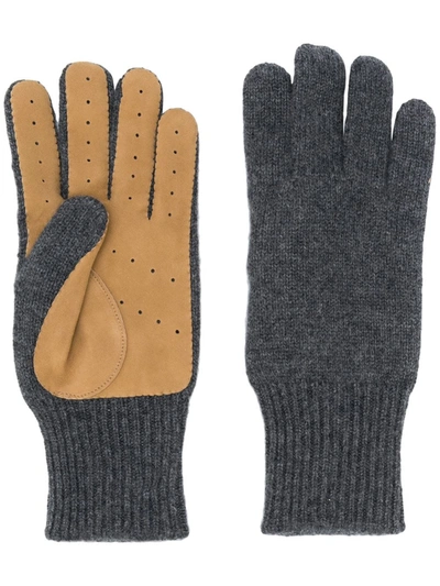 Brunello Cucinelli Perforated Suede-panelled Cashmere Gloves In Gray