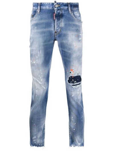 Dsquared2 Splatter-print Distressed-finish Skinny Jeans In Blue