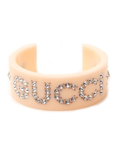 Gucci Crystal Embellished Cuff Bracelet In Beige