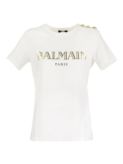 Balmain Logo Print And Buttons T-shirt In White