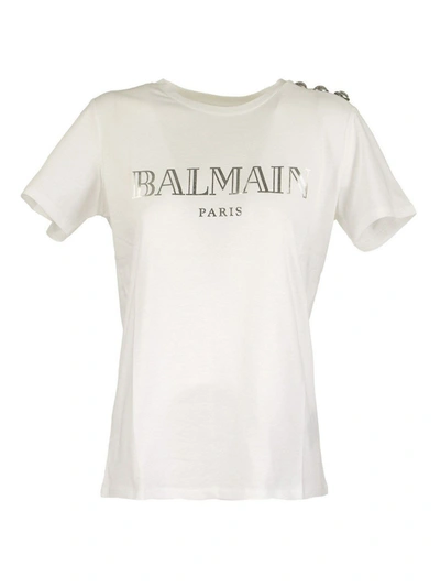 Balmain Logo Print And Buttons T-shirt In White