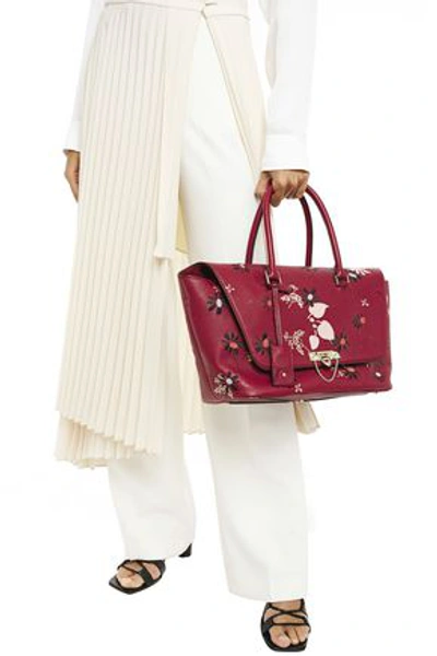 Valentino Garavani Demilune Embroidered Textured-leather Tote In Crimson