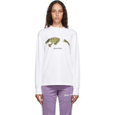 Palm Angels White Croco Long Sleeve T-shirt In White/green