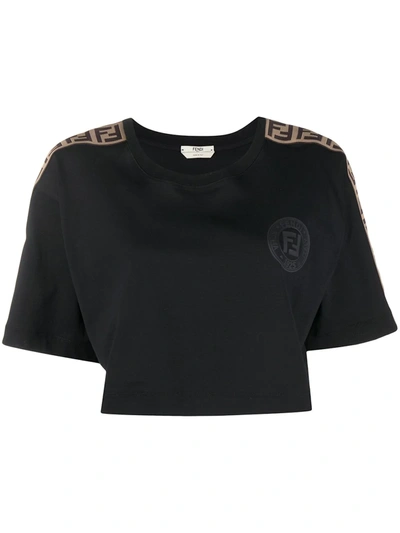 Fendi Cropped Jacquard-trimmed Printed Cotton-jersey T-shirt In Black