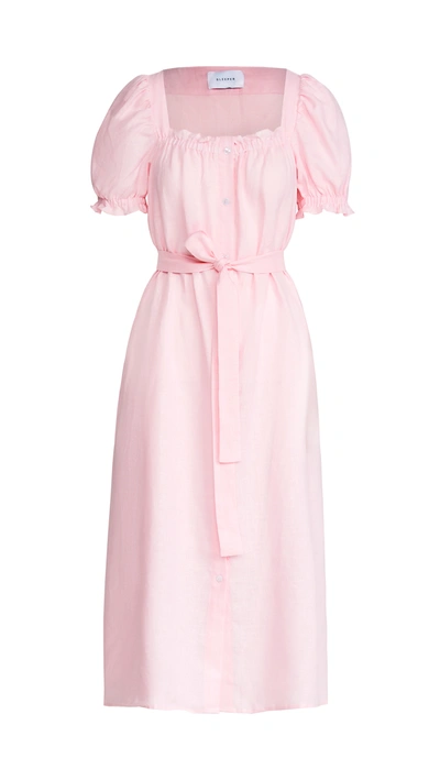 Sleeper Brigitte Belted Linen Midi Dress In Pink