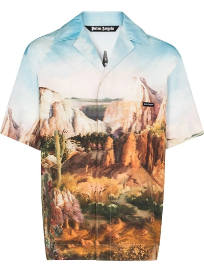 Palm Angels Canyon-print Bowling Shirt In Brown