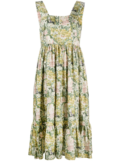 Shrimps Sylvia Square-neck Floral Silk-faille Dress In Green