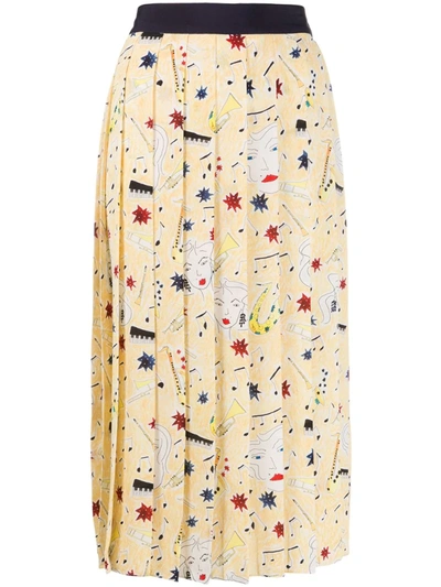 Victoria Victoria Beckham Graphic Print Colourblock Waist Pleated Midi Skirt In Yellow