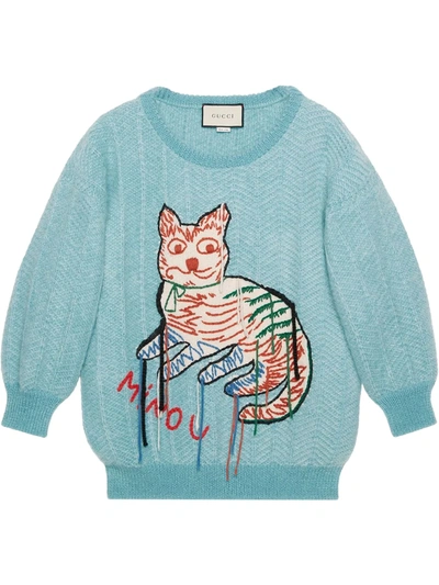 Gucci Mohair Sweater With Cat Intarsia In Light Blue | ModeSens