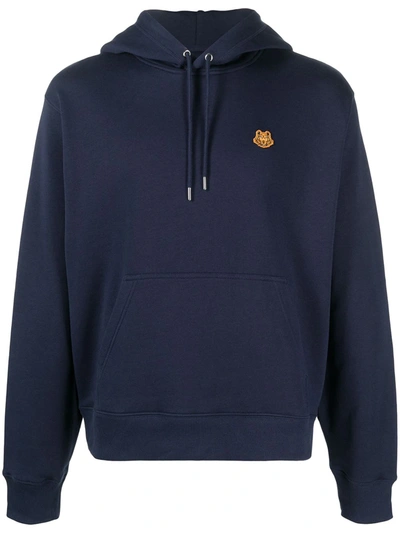 Kenzo Tiger Patch Cotton Hoodie In Blue