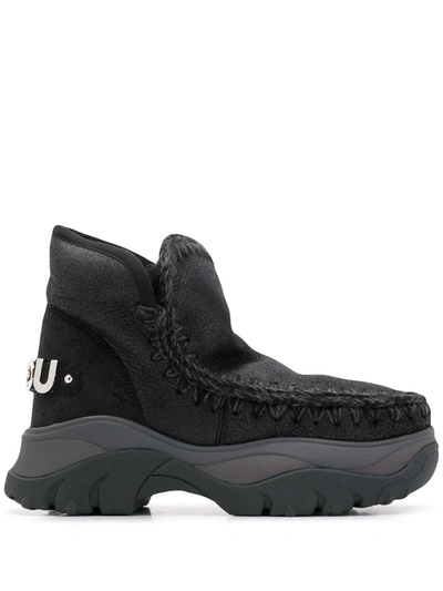 Mou Chunky Eskimo Sneake Low Heels Ankle Boots In Black Leather