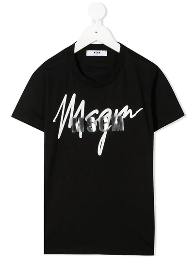 Msgm Kids' Metallic Logo Print T-shirt In Black