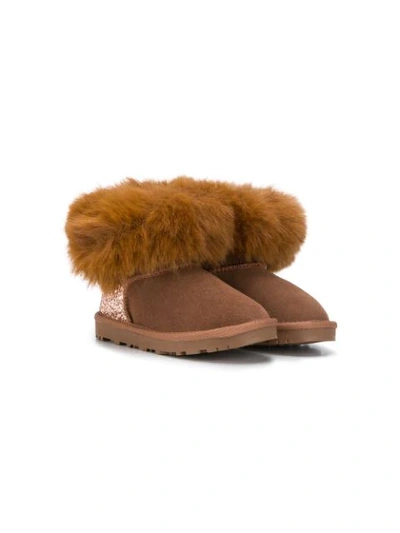 Monnalisa Kids' Faux-fur Trim Glitter-panel Boots In Brown