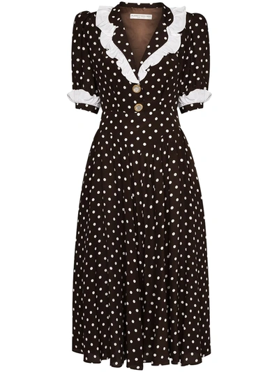 Alessandra Rich Polka Dots Ruffled Silk Midi Dress In Brown