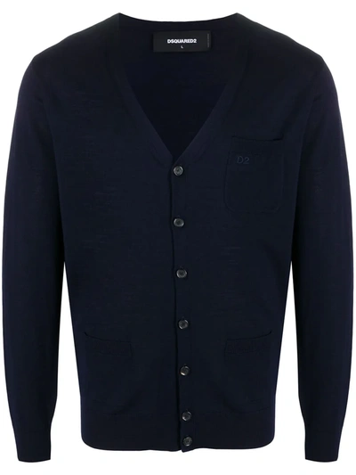 Dsquared2 Logo Embroidered Wool Knit Cardigan In Blue