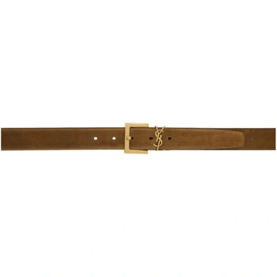 Saint Laurent Golden Ysl Monogram Suede Belt In Cinnamon