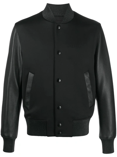 Givenchy Debossed Logo Leather & Neoprene Bomber In Black