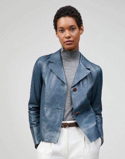 Lafayette 148 Petite Glazed Weightless Lambskin Andover Jacket In Blue