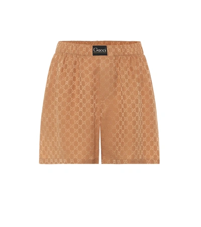 Gucci Logo-motif Silk Shorts In Beige In Brown