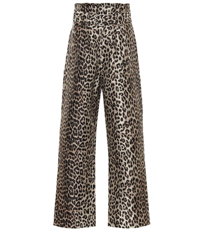 Ganni Paperbag-waist Leopard-jacquard Twill Trousers In Multicolor