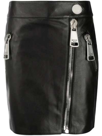 Moschino Zipped Leather Mini Skirt In Black