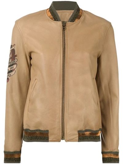 Mr & Mrs Italy Tattoo-style Print Leather Bomber In Martini Greenverde