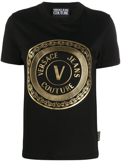Versace Jeans Couture Gold Foil V-emblem Print T-shirt In Black
