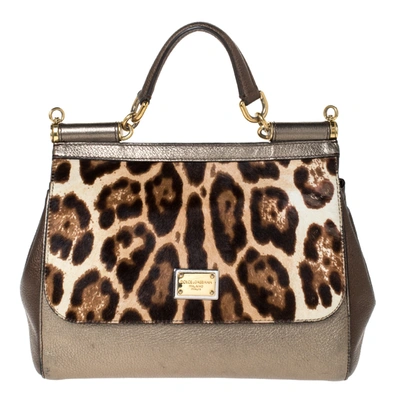 Pre-owned Dolce & Gabbana Metallic Leopard Print Leather And Calfhair Medium Miss Sicily Top Handle Bag