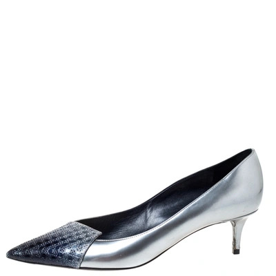 Pre-owned Dior Metallic Silver/blue Leather Cannage Cap Toe Spade Pumps Size 40.5