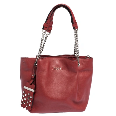 Pre-owned Tod's Red Leather Mini Flower Chain Tote