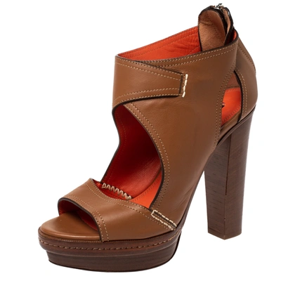 Pre-owned Ralph Lauren Tan Cut Out Leather Platform Sandals Size 37.5