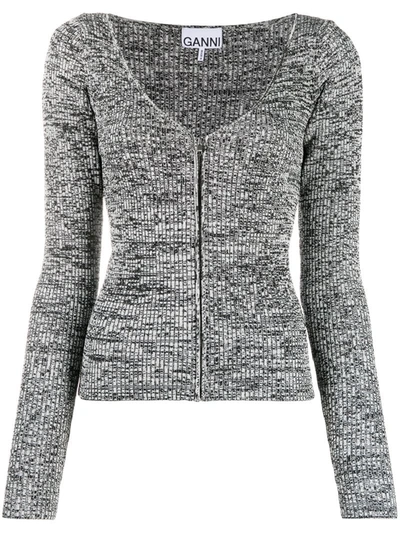 Ganni Zip-up Knitted Cardigan In Black