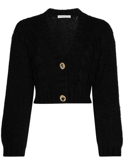 Alessandra Rich Cropped Crystal-embellished Cable-knit Mohair-blend Cardigan In Black